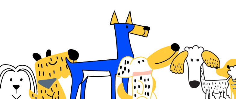 Illustration of seven colorful dogs standing side by side with two white hearts above them on a blue background